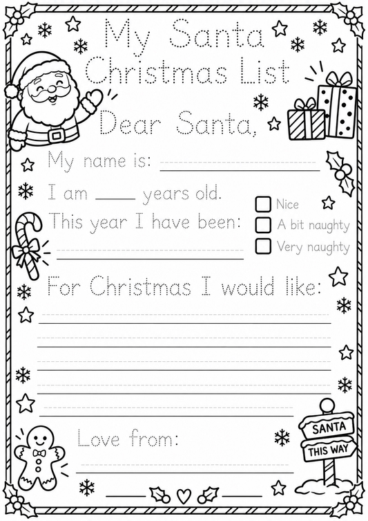 Free kids Santa Christmas list colouring printable black and white