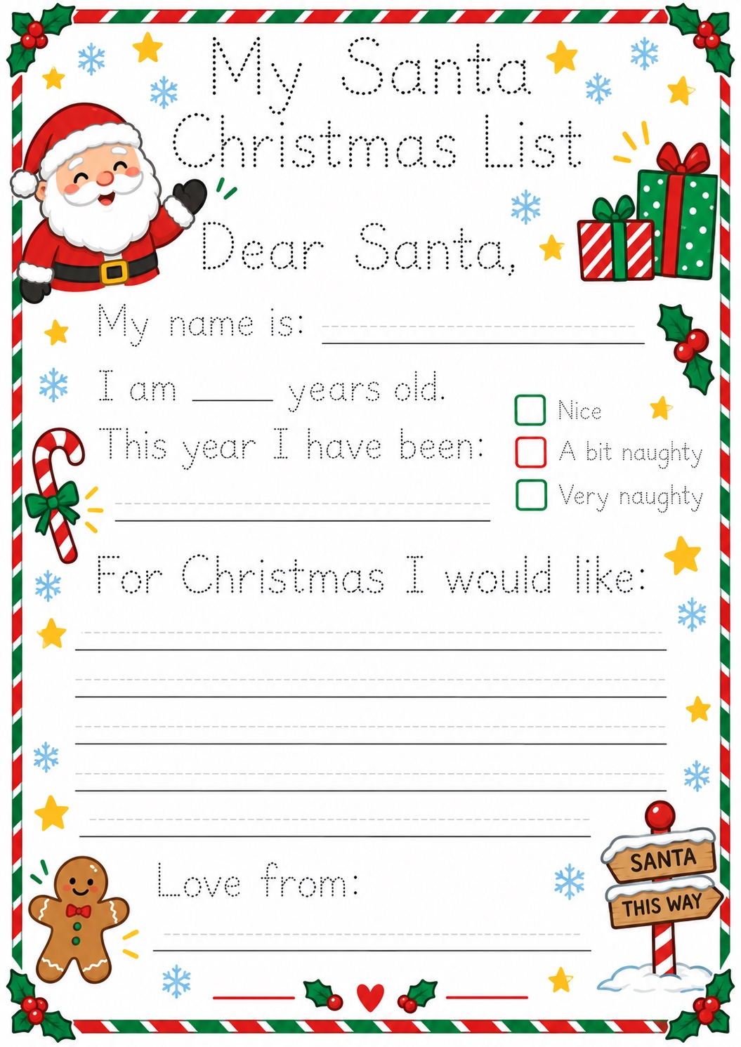 Free kids Santa Christmas list printable full colour version
